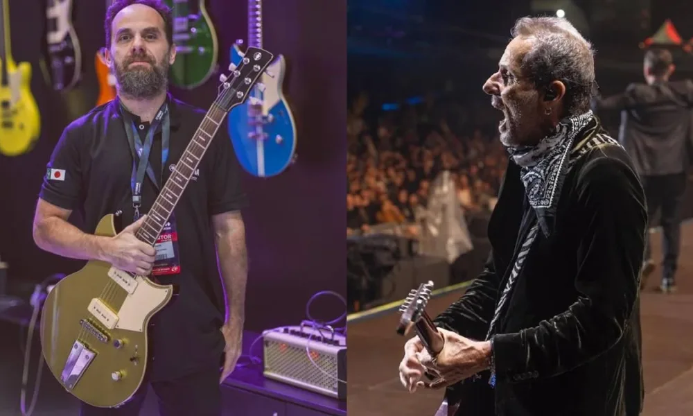 Colagem com Alexandre de Orio, à esquerda, e Tony Belloto, à direita, ambos segurando uma guitarra, Tony está tocando em um palco e Alexandre psa para uma foto. Imagens retiradas de seus perfis no Instagram.