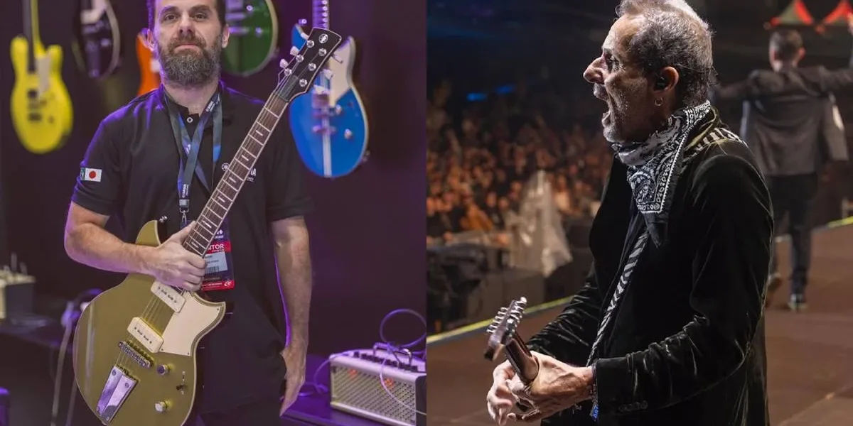 Titãs | Alexandre De Orio Substitui Tony Bellotto Durante Tratamento do Músico Colagem com Alexandre de Orio, à esquerda, e Tony Belloto, à direita, ambos segurando uma guitarra, Tony está tocando em um palco e Alexandre psa para uma foto. Imagens retiradas de seus perfis no Instagram.