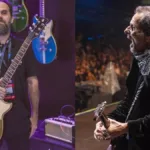 Colagem com Alexandre de Orio, à esquerda, e Tony Belloto, à direita, ambos segurando uma guitarra, Tony está tocando em um palco e Alexandre psa para uma foto. Imagens retiradas de seus perfis no Instagram.