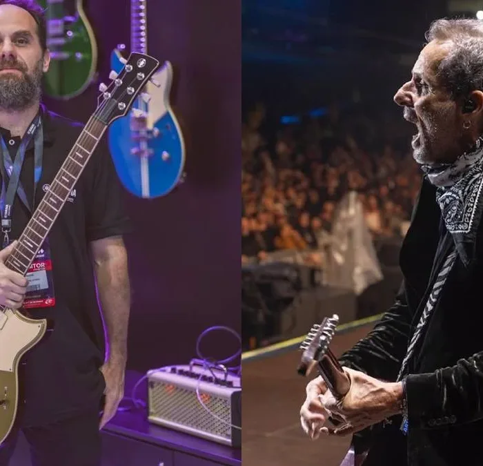 Colagem com Alexandre de Orio, à esquerda, e Tony Belloto, à direita, ambos segurando uma guitarra, Tony está tocando em um palco e Alexandre psa para uma foto. Imagens retiradas de seus perfis no Instagram.