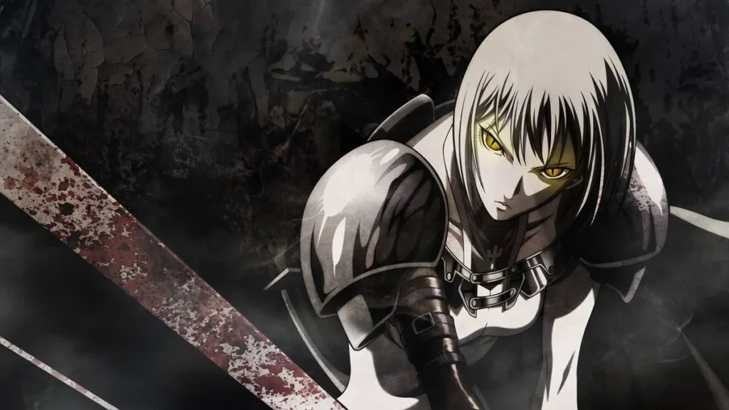 10 Animes com Protagonistas Femininas Fortes 4 Clare, protagonista de "Claymore", em um fundo mesclado entre cinza e preto pintado como uma aquarela, e ela com expressão séria empunhando uma arma.