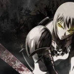 Clare, protagonista de "Claymore", em um fundo mesclado entre cinza e preto pintado como uma aquarela, e ela com expressão séria empunhando uma arma.