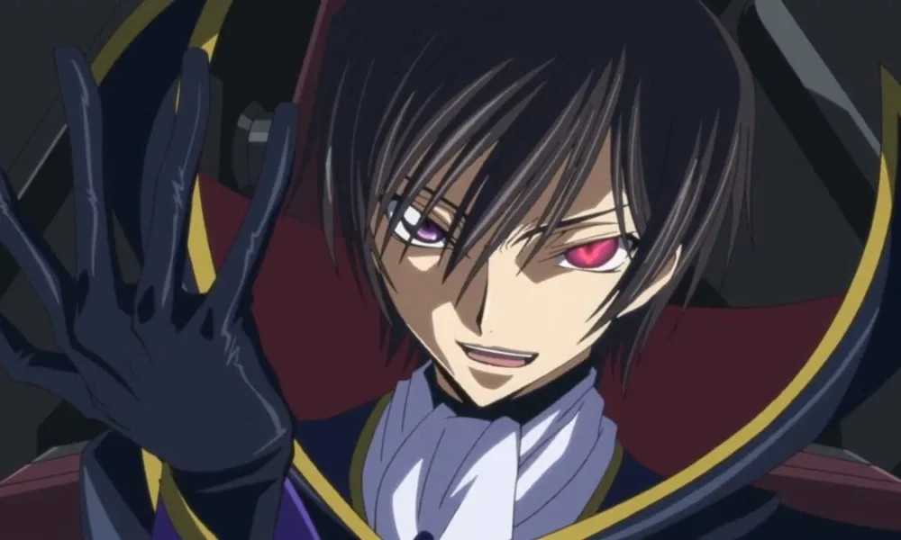 Lelouche de "Code Geass" com os trajes de zero, sem a máscara, e com o olho do Geass, vermelho, em destaque. Ele fala com um sorriso malicioso no rosto.