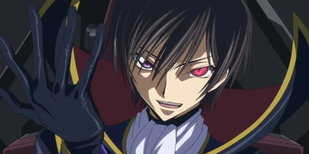 Animes Clássicos | Code Geass (2006) Lelouche de "Code Geass" com os trajes de zero, sem a máscara, e com o olho do Geass, vermelho, em destaque. Ele fala com um sorriso malicioso no rosto.