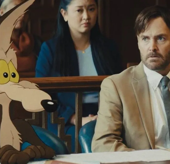 Coiote ao lado de seu advogado no filme "Coiote vs. Acme". Imagem mistura animação 2D com live-action.