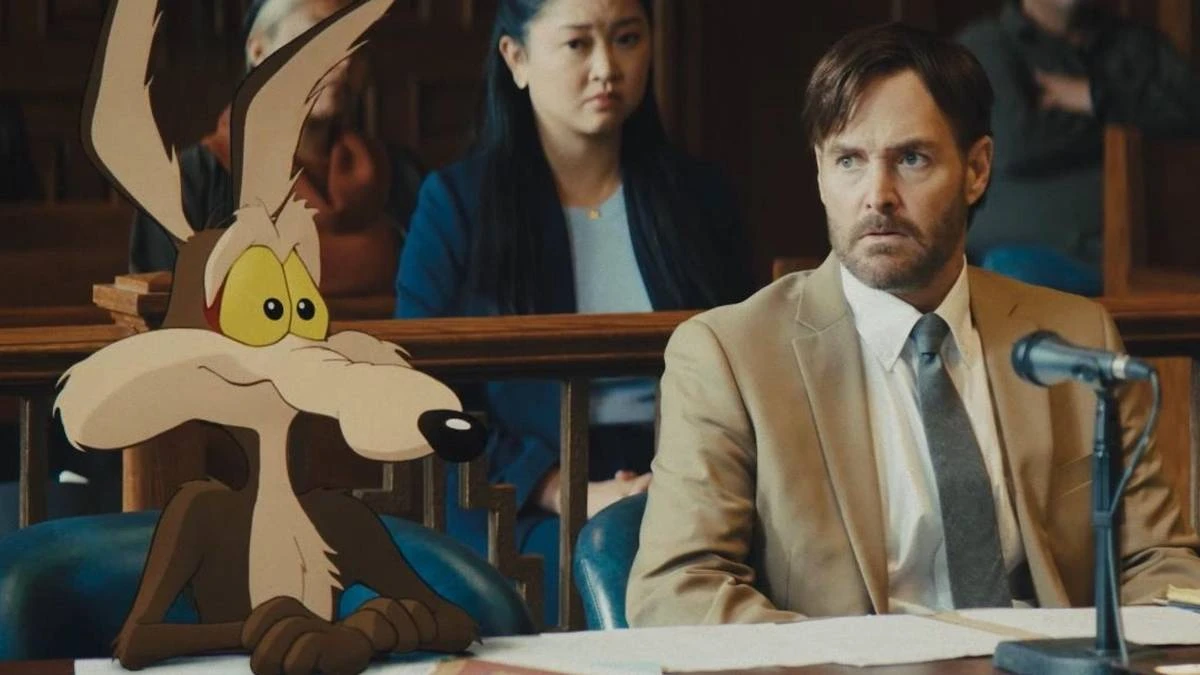 Coyote vs. Acme | A Genialidade Explosiva que a Indústria Tentou Apagar 9 Coiote ao lado de seu advogado no filme "Coiote vs. Acme". Imagem mistura animação 2D com live-action.