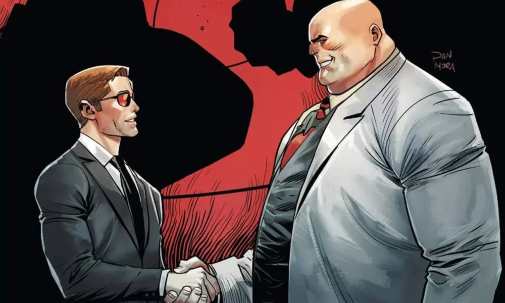 Matt Murdock e Fisk apertando as mãos nos quadrinhos do Demolidor.
