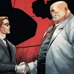 Matt Murdock e Fisk apertando as mãos nos quadrinhos do Demolidor.