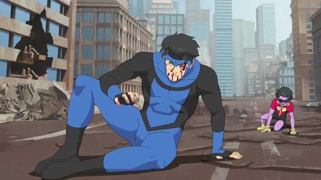 Mark da série animada "Invincible", temporada 3, em combate no meio da cidade. Ele está uniformizado, sangrando, e com a perna arqueada tentando se levantar. Atrás dele há um garoto uniformizado como Robin, também ferido.