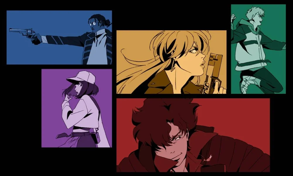 Imagem em fundo preto com cinco personagens do anime "Lazarus" (2025), cada um enquadrado em um frame fazendo uma pose e com uma paleta de cores: azul, roxo, amarelo, verde, e vermelho.