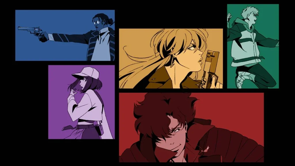 Imagem em fundo preto com cinco personagens do anime "Lazarus" (2025), cada um enquadrado em um frame fazendo uma pose e com uma paleta de cores: azul, roxo, amarelo, verde, e vermelho.