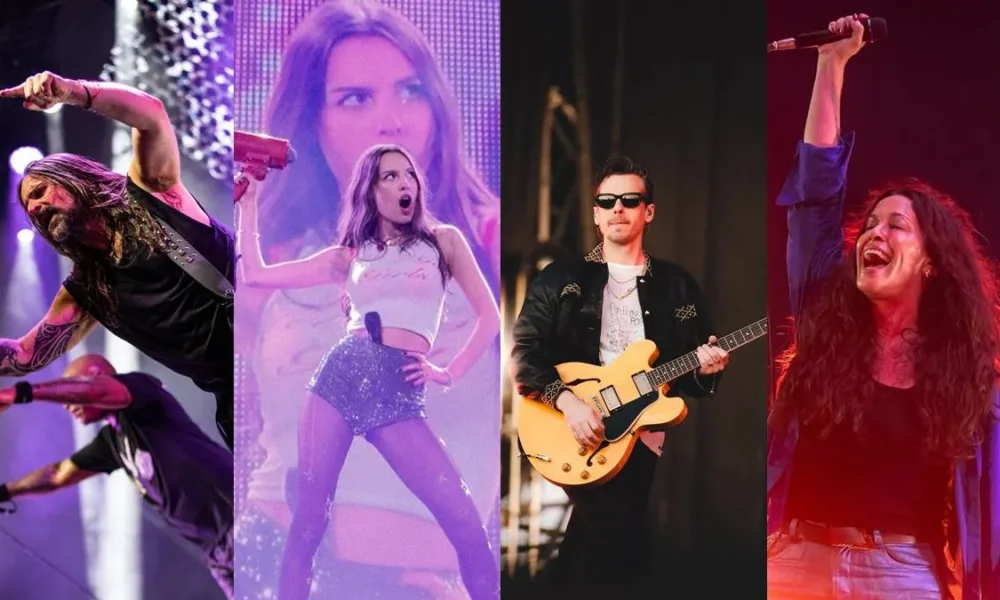 Colagem em quatro tiras com artistas que se apresentam no Lollapalooza 2025: Sepultura, Olivia Rodrigo, Foster The People, Alanis Morisette.