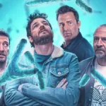 Netflix | Scooby-Doo Ganha Série Live-action Imagem promocional da série espanhola, pela Netflix, "Machos Alpha". Protagonistas olham confusos cromossomos gigantes ao seu redor em um fundo azul e destaque para cromossomos Y.