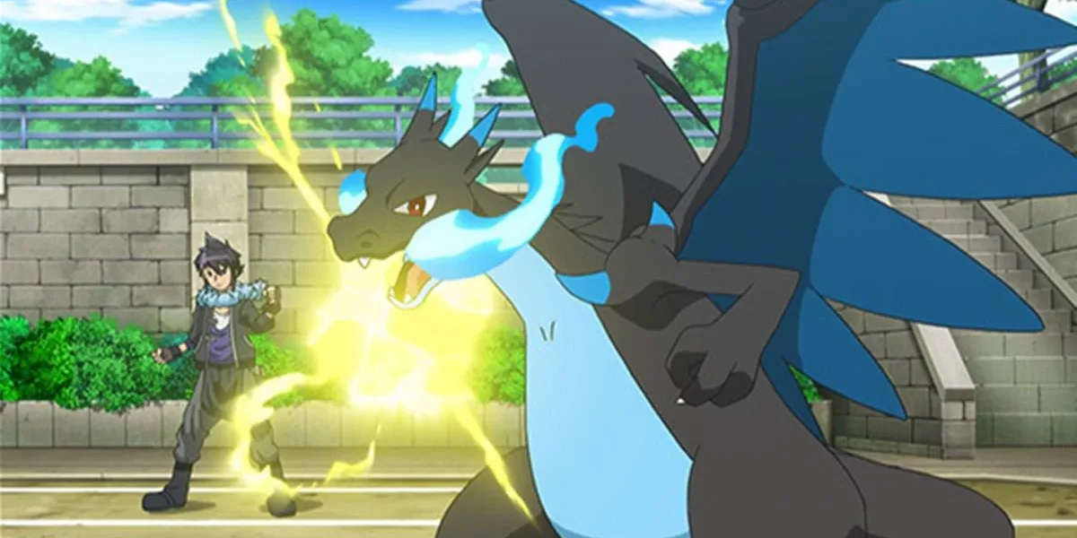 Pokémon | Leakers Vazam 27 Novas Mega Evoluções Para “Legends Z-A” Alain, ao fundo à esquerda, e seu Mega Charizard X, em destaque à direita semi-centralizado. Pokémon está preparando um Thunder Punch.