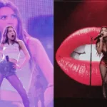 Pokémon TCG Pocket Anuncia Nova Expansão: Shining Revelry Colagem de fotos de Olivia Rodrigo no palco em show em Nashville me 2024. À esquerda em parede roxa, direita vermelha. À esquerda ela está com um autofalante na mão direita e a mão na cintura. À direita ela segura o microfone e olha de lado, há um lábio se mordendo ao fundo em projeção em vídeo da apresentação.