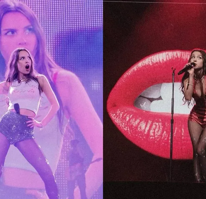Colagem de fotos de Olivia Rodrigo no palco em show em Nashville me 2024. À esquerda em parede roxa, direita vermelha. À esquerda ela está com um autofalante na mão direita e a mão na cintura. À direita ela segura o microfone e olha de lado, há um lábio se mordendo ao fundo em projeção em vídeo da apresentação.