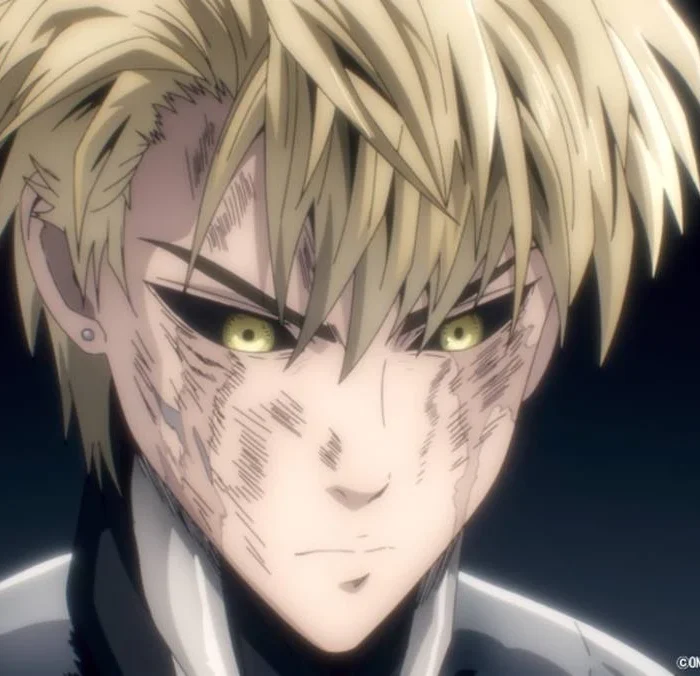 Genos de "One Punch Man" em imagem promocional, expressão séria, para a terceira temporada. Frame retirado do anime.