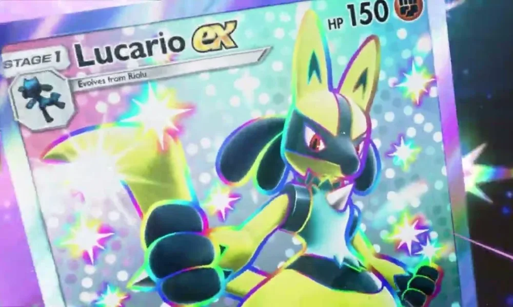 Imagem de divulgação da nova expansão de Pokémon TCG Pocket: Shining Revelry. Em destaque um Lucario ex Shiny.