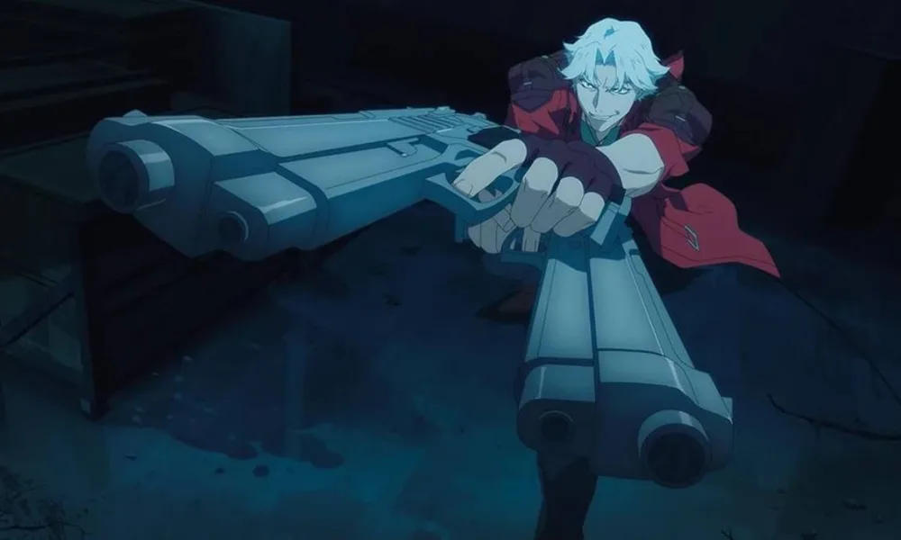Dante com suas duas pistolas preparando-se para atirar. A câmera está mais próxima das armas, dando uma visão distorcida à câmera olho-de-peixe. Imagem da animação de 2025.