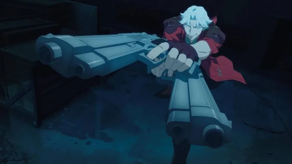 Devil May Cry (2025) | Não É Tão Ruim Quanto Dizem, Mas é Sofrível 1 Dante com suas duas pistolas preparando-se para atirar. A câmera está mais próxima das armas, dando uma visão distorcida à câmera olho-de-peixe. Imagem da animação de 2025.