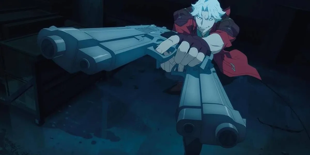 Dante com suas duas pistolas preparando-se para atirar. A câmera está mais próxima das armas, dando uma visão distorcida à câmera olho-de-peixe. Imagem da animação de 2025.