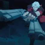Dante com suas duas pistolas preparando-se para atirar. A câmera está mais próxima das armas, dando uma visão distorcida à câmera olho-de-peixe. Imagem da animação de 2025.