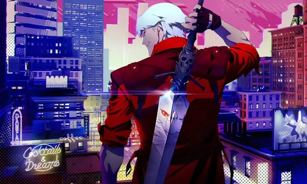 Dante, protagonista de "Devil May Cry", de costas para a câmera e olhando com um sorriso malicioso para trás. Ele porta a espada demoníaca, com o reflexo do vilão da primeira temporada exibido nela. Ele está em uma Nova Iorque dos anos 2000 em tons entre roxo (mais à esquerda) e vermelho (mais à direita).