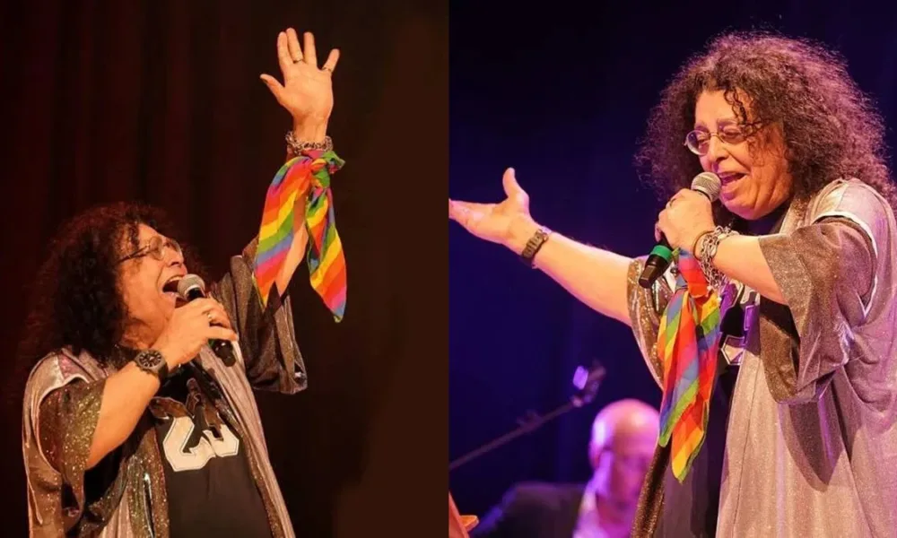 Edy Star em duas performances, segurando um lenço com as cores do arco-íris.