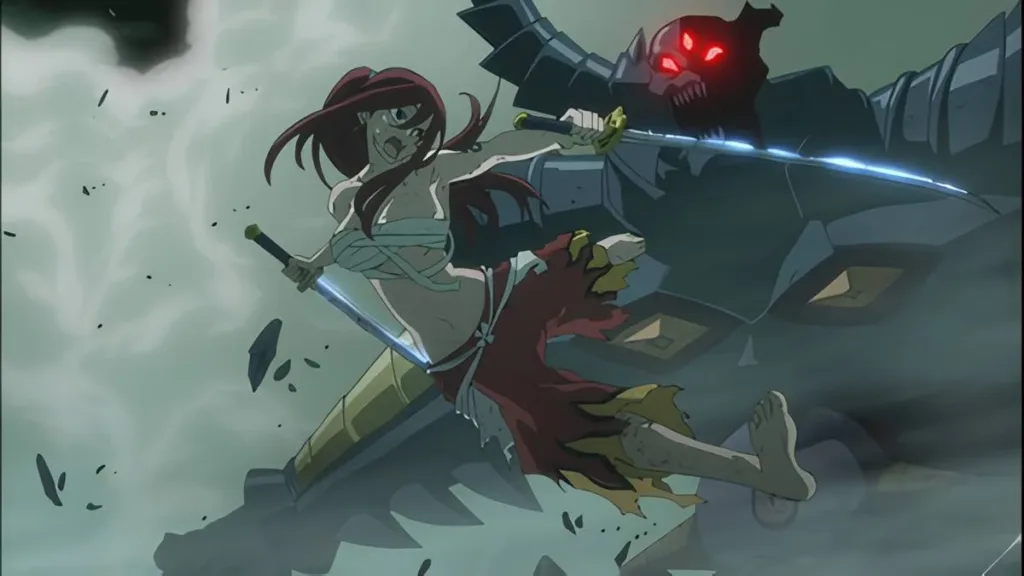 10 Animes com Protagonistas Femininas Fortes 3 Erza Scarlet, de "Fairy Tail", lutando no episódio "1 vs 100".