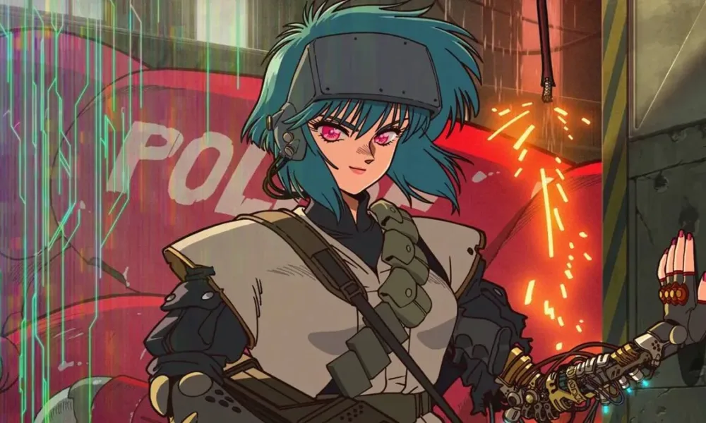 Recorte do primeiro pôster para nova adaptação, de 2026, de "Ghost in the Shell" em forma de série animada.
