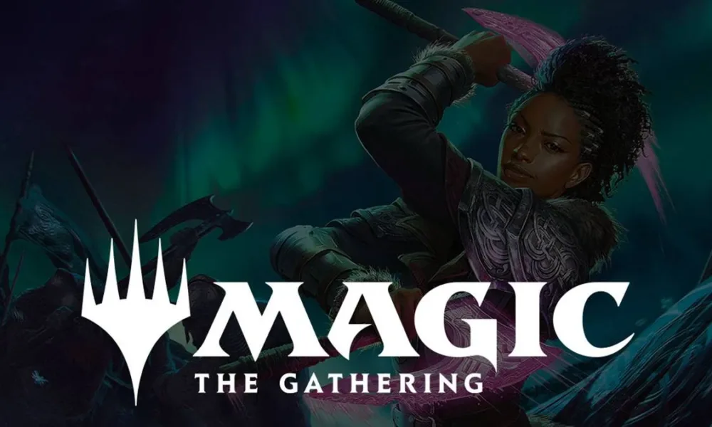 Pôster horizontal de divulgação do jogo "Magic: The Gathering", com o letreiro do jogo destacado em lettering branco e ao fundo uma imagem de uma guerraira negra com machados gêmeos de lâmina rosa e um semblante confiante. Há uma aurora boreal ao fundo.