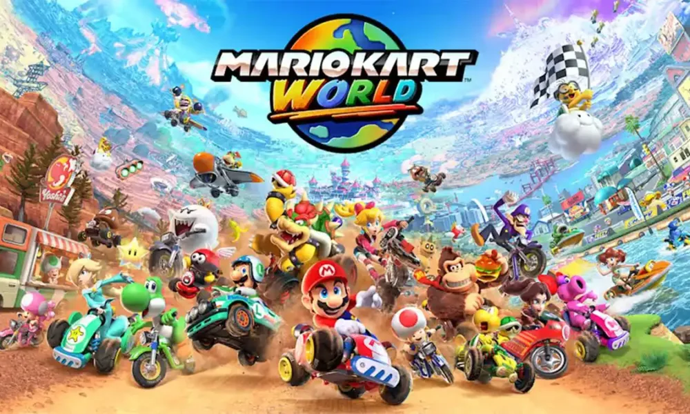 Cartaz horizontal de divulgação do jogo "Mario Kart World", exclusivo do Nintendo Switch 2. Os personagens jogáveis estão em uma corrida num cenário desértico, com Mario centralizado na liderança.