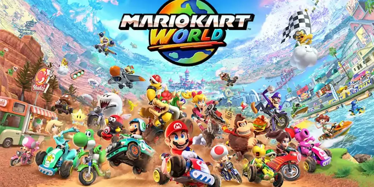 Cartaz horizontal de divulgação do jogo "Mario Kart World", exclusivo do Nintendo Switch 2. Os personagens jogáveis estão em uma corrida num cenário desértico, com Mario centralizado na liderança.