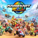 Cartaz horizontal de divulgação do jogo "Mario Kart World", exclusivo do Nintendo Switch 2. Os personagens jogáveis estão em uma corrida num cenário desértico, com Mario centralizado na liderança.