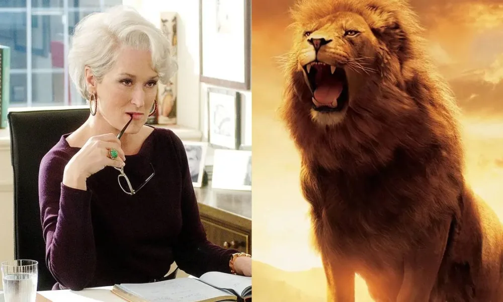 Meryl Streep, à esquerda, em "O Diabo Vestre Prada", e o leão Aslan, à direita, na adaptação de 2005 do primeiro livro da série "As Crônicas de Nárnia". Atriz interpretará o personagem na versão de 2026.