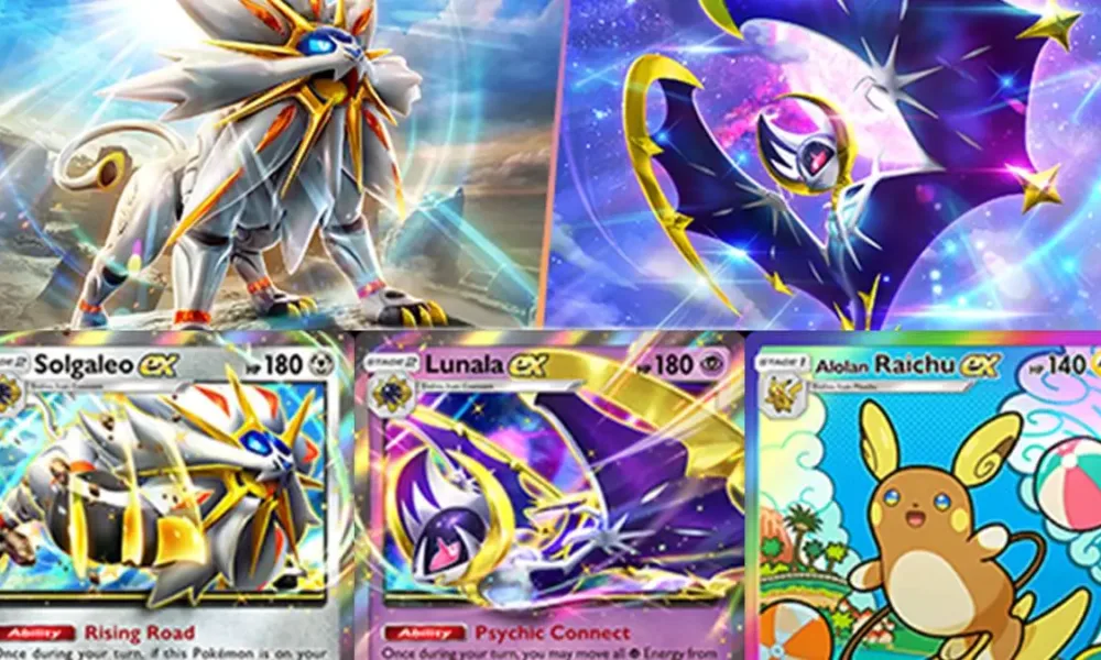 Imagem de divulgação (acima) da nova expansão de Pokémon TCG: "Guardiões Celestiais". Abaixo três novas cartas: Solgaleo, Lunala, e Alolan Raichu.