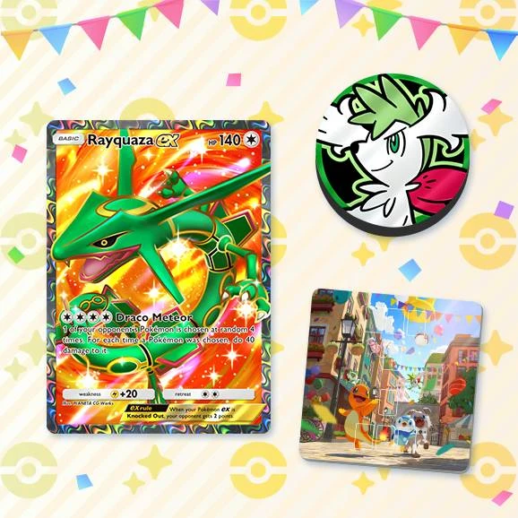 Alola Faz Sua Estreia no Pokémon TCG Pocket 1 Imagem de divulgação da nova expansão do TCG de Pokémon: "Guardiões Celestiais". Em destaque, à esquerda, a carta Rayquaza Ex, um broche de Shaymin forma Sky, e uma cena de Alola capturada em fotografia.
