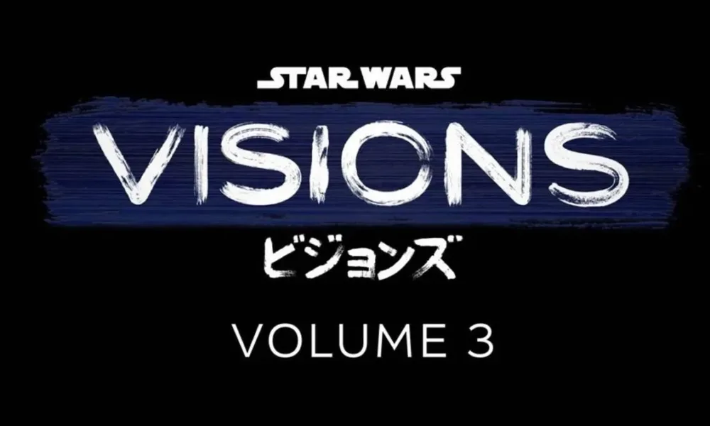 Cartaz, fundo em preto, do terceiro volume de "Star Wars: Visions".
