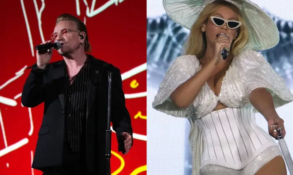 Bono Vox, à esquerda, e Beyoncé, à direita, em colagem, ambos se apresentando em shows diferentes. U2 e Beyoncé estão cotados para apresentação em Copacabana em 2026 e 2027.