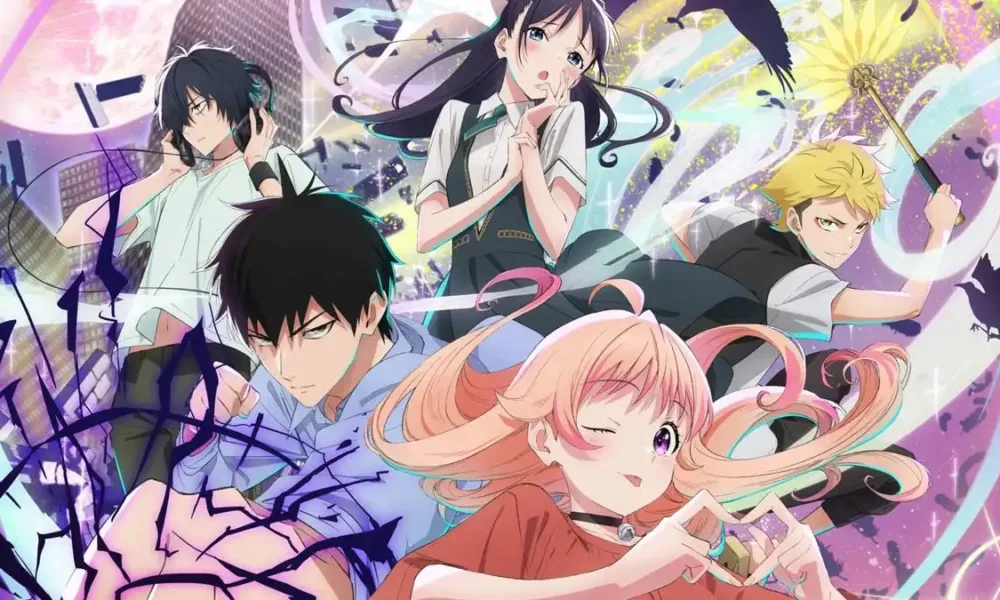 Protagonistas de "Witch Watch", Mori e Nico, na frente, e três coadjuvantes atrás.