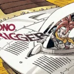 Protagonistas de Chrono Trigger dirigindo uma nave, com arte de Akira Toriyama.