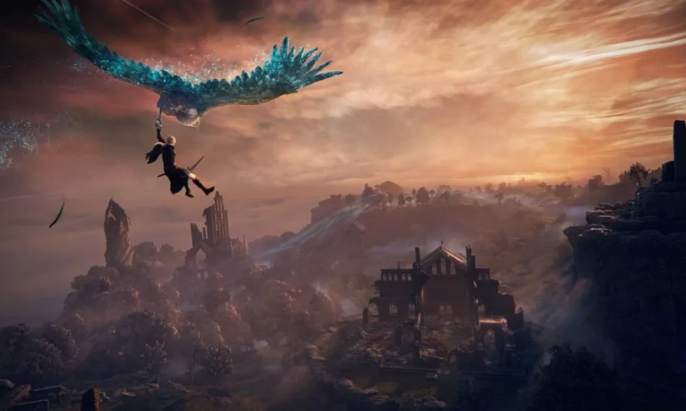 Personagem voando em um pássaro em "Elden Ring Nightreign".