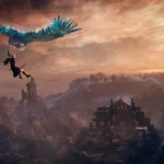 Personagem voando em um pássaro em "Elden Ring Nightreign".