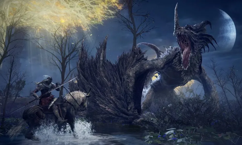 Personagem do jogo "Elden Ring" (2022) montado em um cavalo, portando uma longa lança de lâmina dupla e se preparando para enfrentar um grande dragão cinza a sua frente.