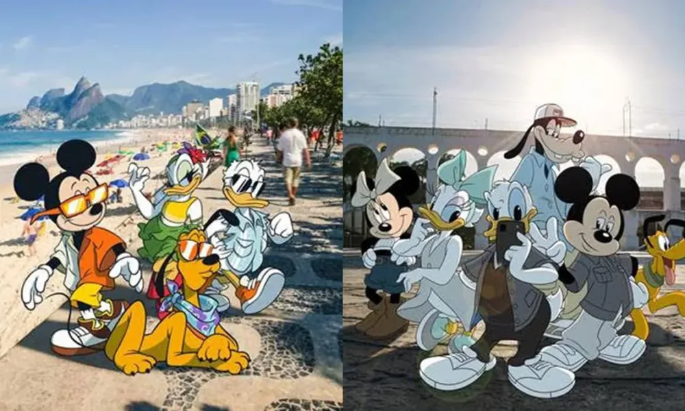 Personagens da Disney, Mickey, Pluto, Pato Donald, Margarida, Minney, e Pateta, em estilo 2d caminhando e posando pelas ruas de pontos turísticos do RJ.
