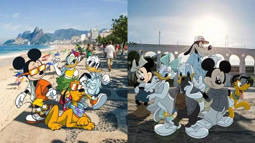 HOUSE OF MOUSE TOUR | Festa Imersiva Inédita da Disney Desembarca no Rio de Janeiro Com Show de Pedro Sampaio 1 Personagens da Disney, Mickey, Pluto, Pato Donald, Margarida, Minney, e Pateta, em estilo 2d caminhando e posando pelas ruas de pontos turísticos do RJ.