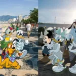 Personagens da Disney, Mickey, Pluto, Pato Donald, Margarida, Minney, e Pateta, em estilo 2d caminhando e posando pelas ruas de pontos turísticos do RJ.