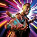 Ator Ncuti Gatwa como o Doutor de "Doctor Who" em série revival de 2024. Ele está dando as mãos para o telespectador, com ela em destaque para câmera, com um sorriso, e uma espiral futurística atrás dele.