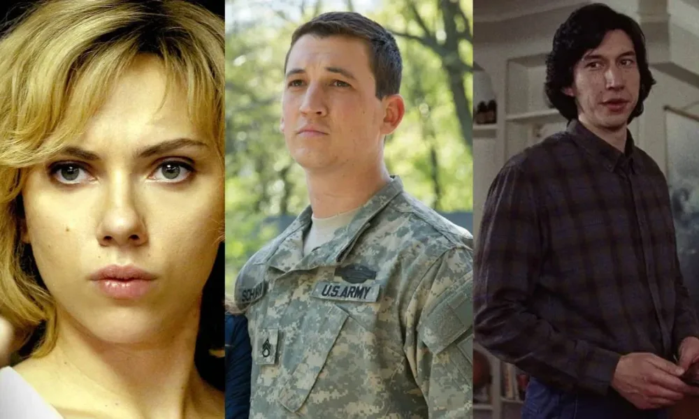 Scarlett Johanson em "Lucy" à esquerda, Miles Teller ao meio em "Honra ao Mérito", e Adam Driver à direita em "História de um Casamento". Os três atores da colagem participaraão do longa "Paper Tiger".