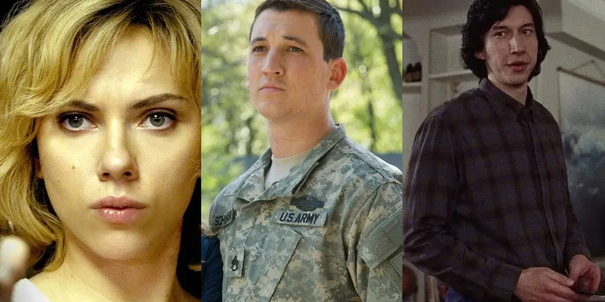 Scarlett Johanson em "Lucy" à esquerda, Miles Teller ao meio em "Honra ao Mérito", e Adam Driver à direita em "História de um Casamento". Os três atores da colagem participaraão do longa "Paper Tiger".